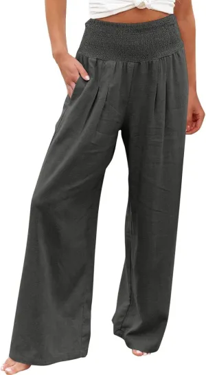 Linen Pants Women Casual Plus Size Summer Wide Leg Pants Beach Boho Wide Leg High Waist Pants Travel Vacation Outfits