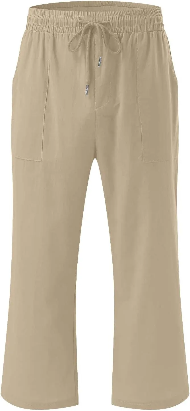 Linen Pants Women Casual Summer Straight Wide Leg Loose Capris Drawstring Elastic High Waist Pockets Cropped Trouser