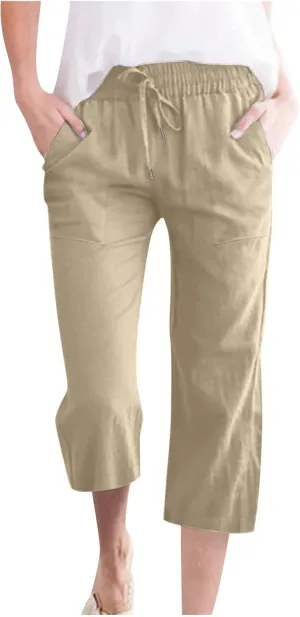 Linen Pants Women Casual Summer Straight Wide Leg Loose Capris Drawstring Elastic High Waist Pockets Cropped Trouser