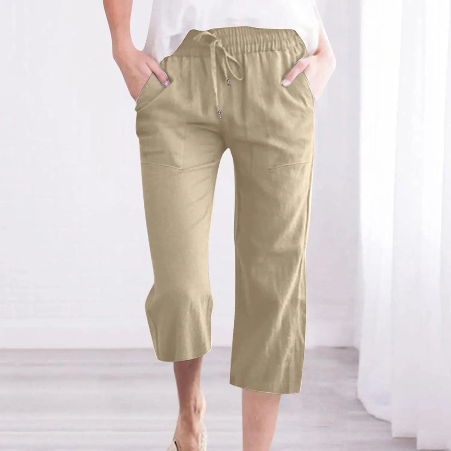 Linen Pants Women Casual Summer Straight Wide Leg Loose Capris Drawstring Elastic High Waist Pockets Cropped Trouser
