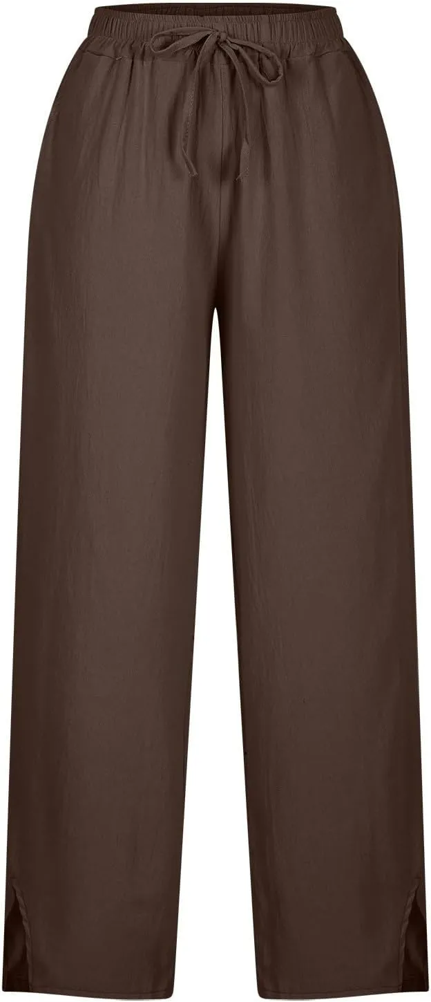 Linen Pants Women High Waist Elastic Straight Leg Lounge Pant 2025 Summer Casual Loose Lightweight Beach Trousers