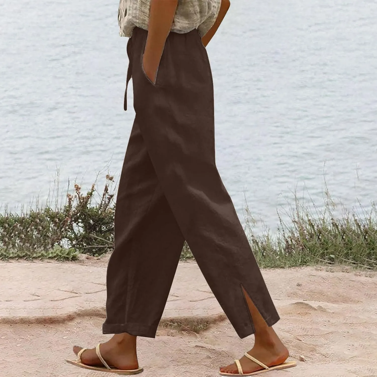 Linen Pants Women High Waist Elastic Straight Leg Lounge Pant 2025 Summer Casual Loose Lightweight Beach Trousers