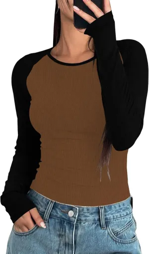 LOLONG Womens Long Sleeve Crewneck Color Block Shirts 2024 Basic Casual Fitted Tee Ribbed Knit Slim Tops