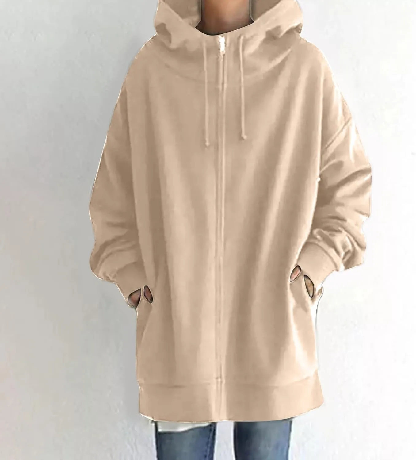 Long Zip Up Hoodies for Women Casual Long Sleeve Hooded Fleece Jackets Loose Fit Tunic Fall Sweatshirts with Pockets