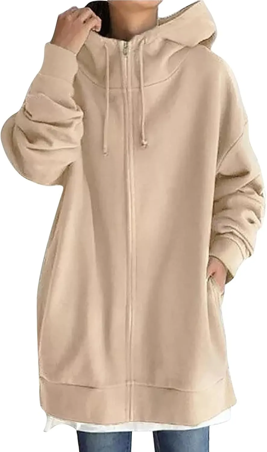 Long Zip Up Hoodies for Women Casual Long Sleeve Hooded Fleece Jackets Loose Fit Tunic Fall Sweatshirts with Pockets