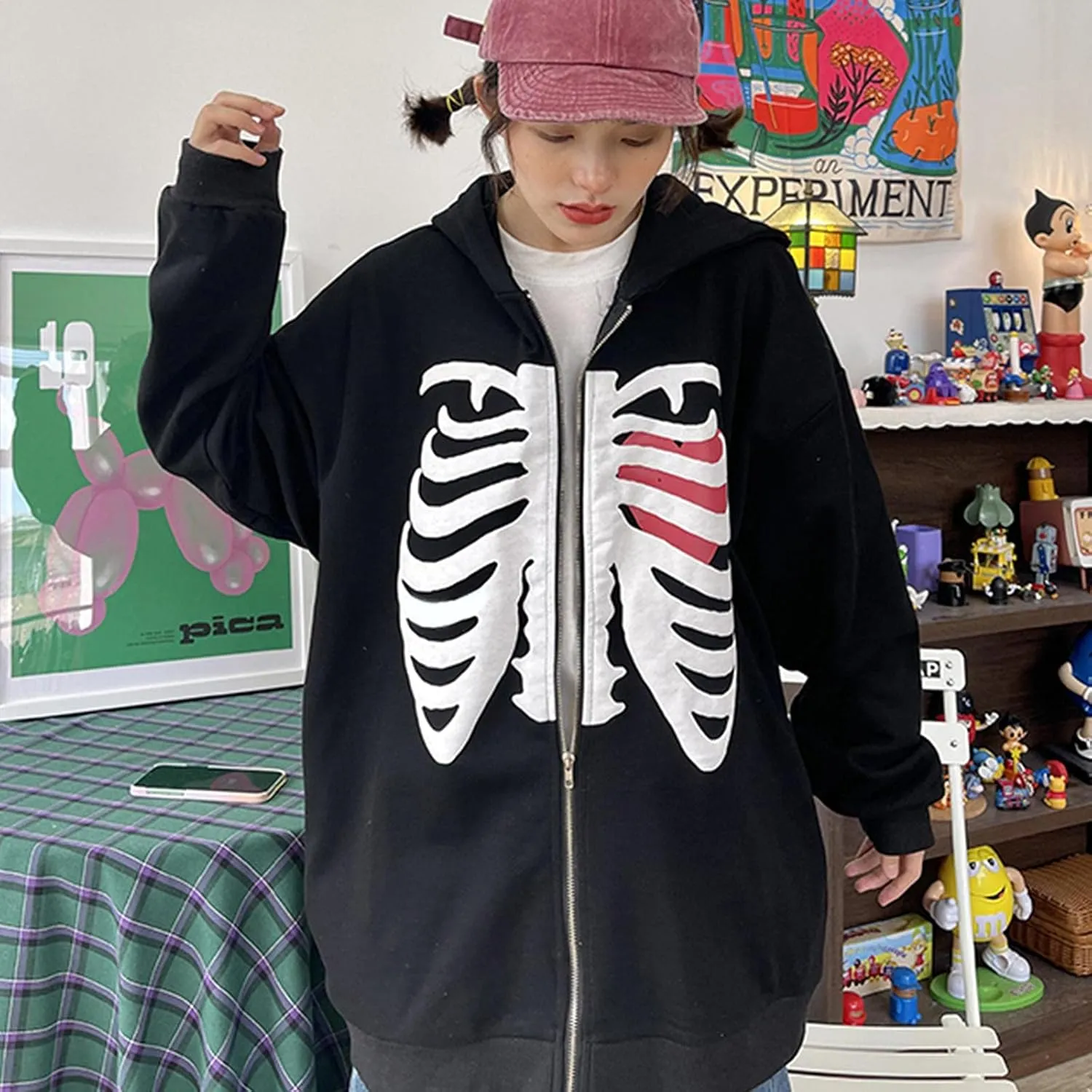 Luckinbaby Women Oversized Zip Up Hoodie Sweatshirt Long Sleeve Y2k Graphic Jacket Skeleton Ribcage Sweatshirts