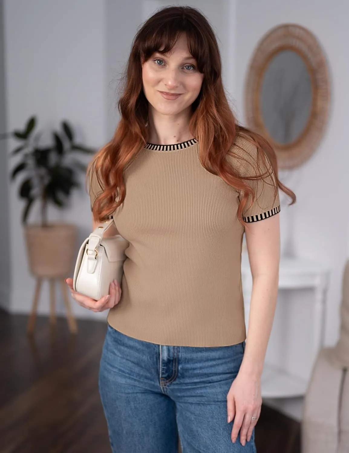 luvamia Womens Tops Trendy Business Casual Summer Short Sleeve Sweater Top Slim Fit Color Block Crewneck Ribbed Knit Tee