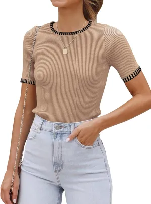 luvamia Womens Tops Trendy Business Casual Summer Short Sleeve Sweater Top Slim Fit Color Block Crewneck Ribbed Knit Tee