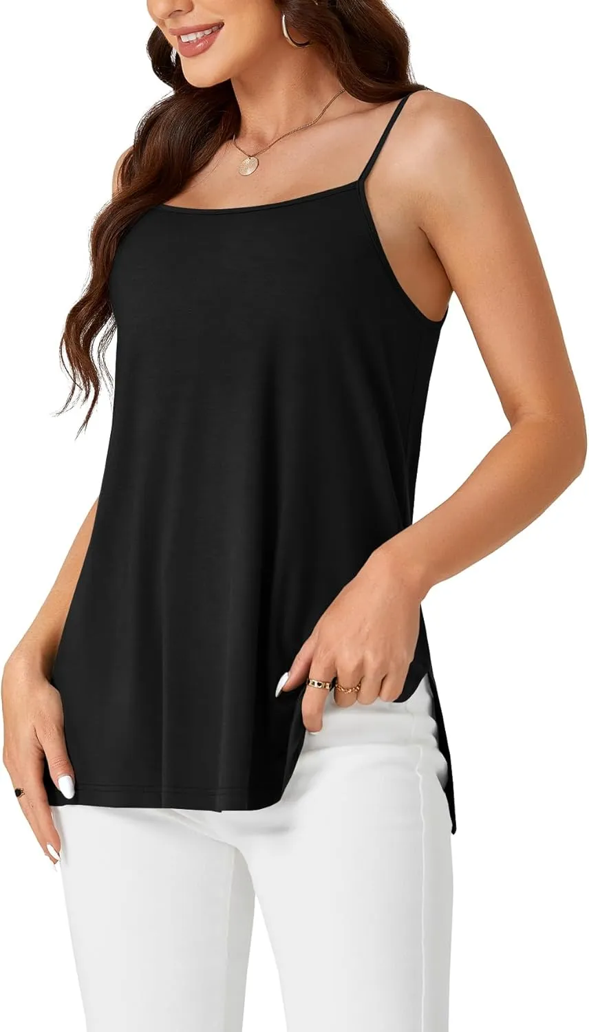 LYANER Women's Loose Square Neck Spaghetti Straps Slit Side Camisole Tank Cami Top