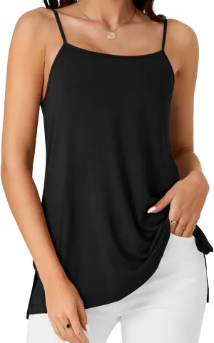 LYANER Women's Loose Square Neck Spaghetti Straps Slit Side Camisole Tank Cami Top