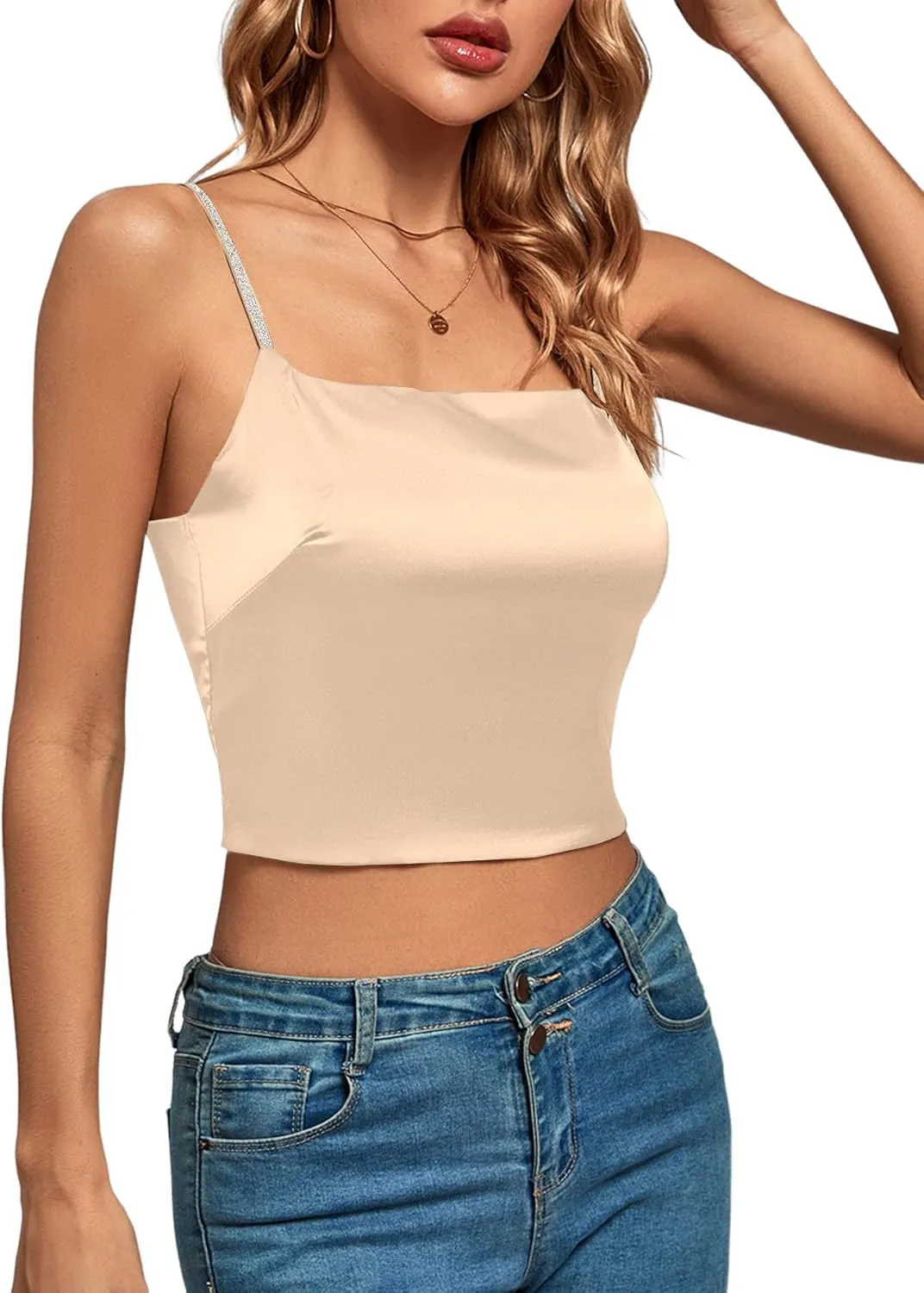 LYANER Women's Satin Rinestone Spaghetti Straps Square Neck Sleeveless Cami Crop Top
