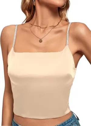 LYANER Women's Satin Rinestone Spaghetti Straps Square Neck Sleeveless Cami Crop Top