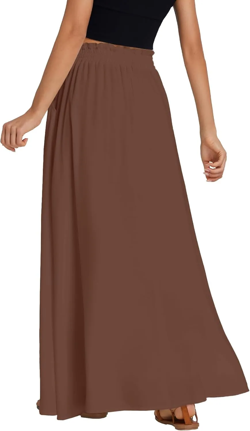 LYANER Women's Shirred Smocked Frill Drawstring Pleated High Waist Solid Maxi Skirt
