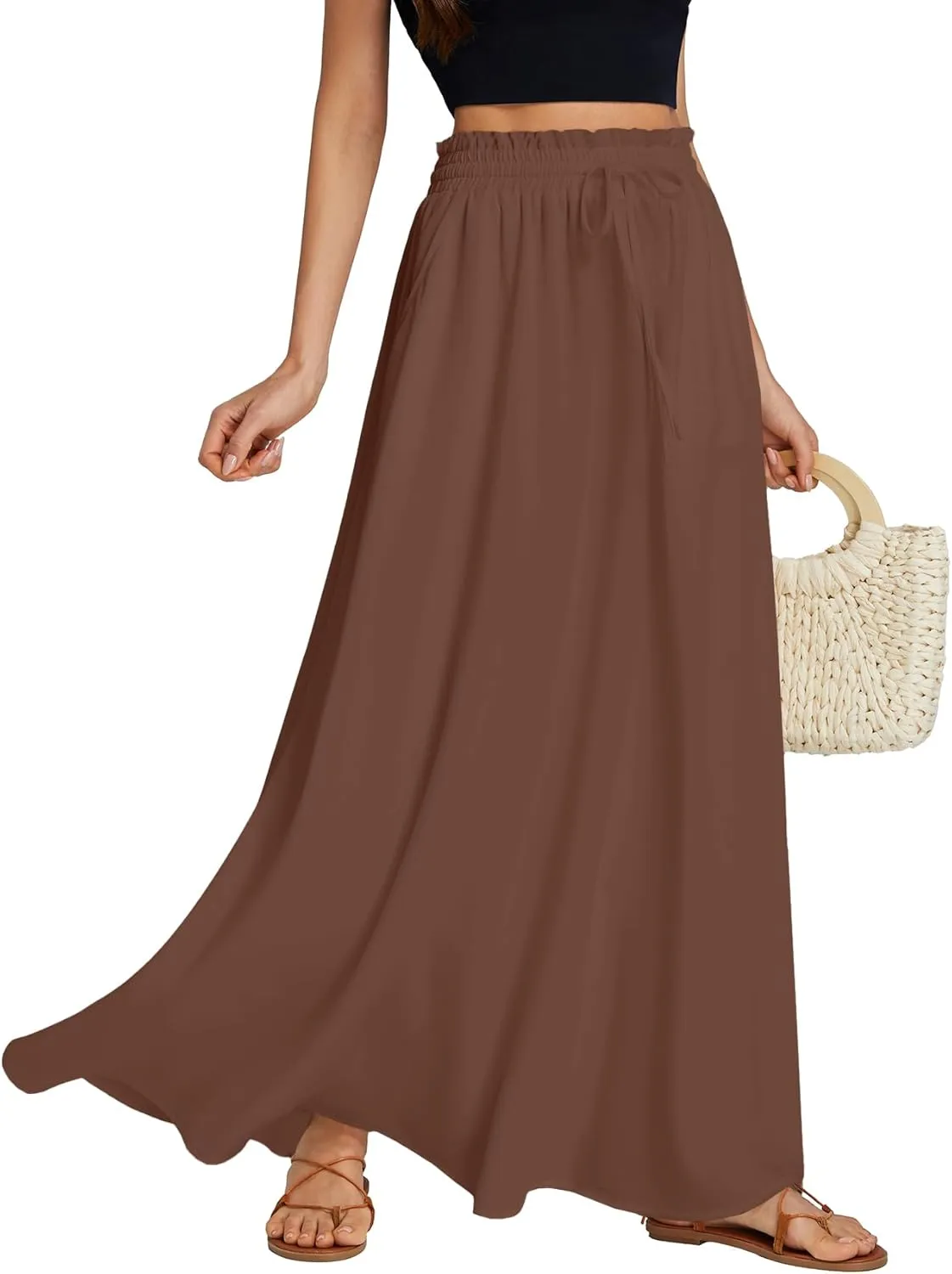 LYANER Women's Shirred Smocked Frill Drawstring Pleated High Waist Solid Maxi Skirt