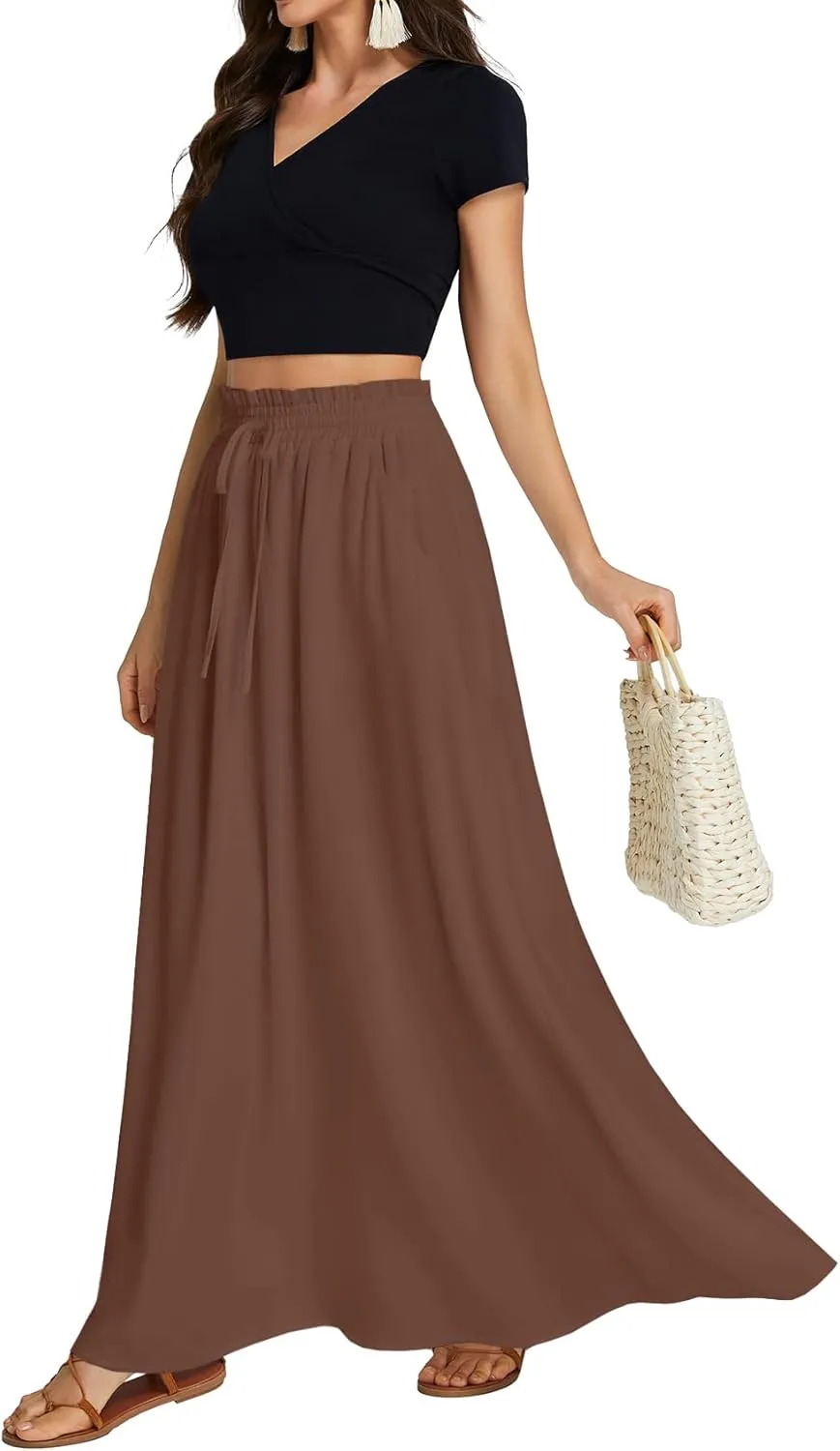 LYANER Women's Shirred Smocked Frill Drawstring Pleated High Waist Solid Maxi Skirt
