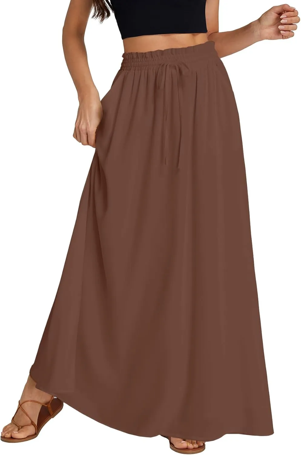 LYANER Women's Shirred Smocked Frill Drawstring Pleated High Waist Solid Maxi Skirt