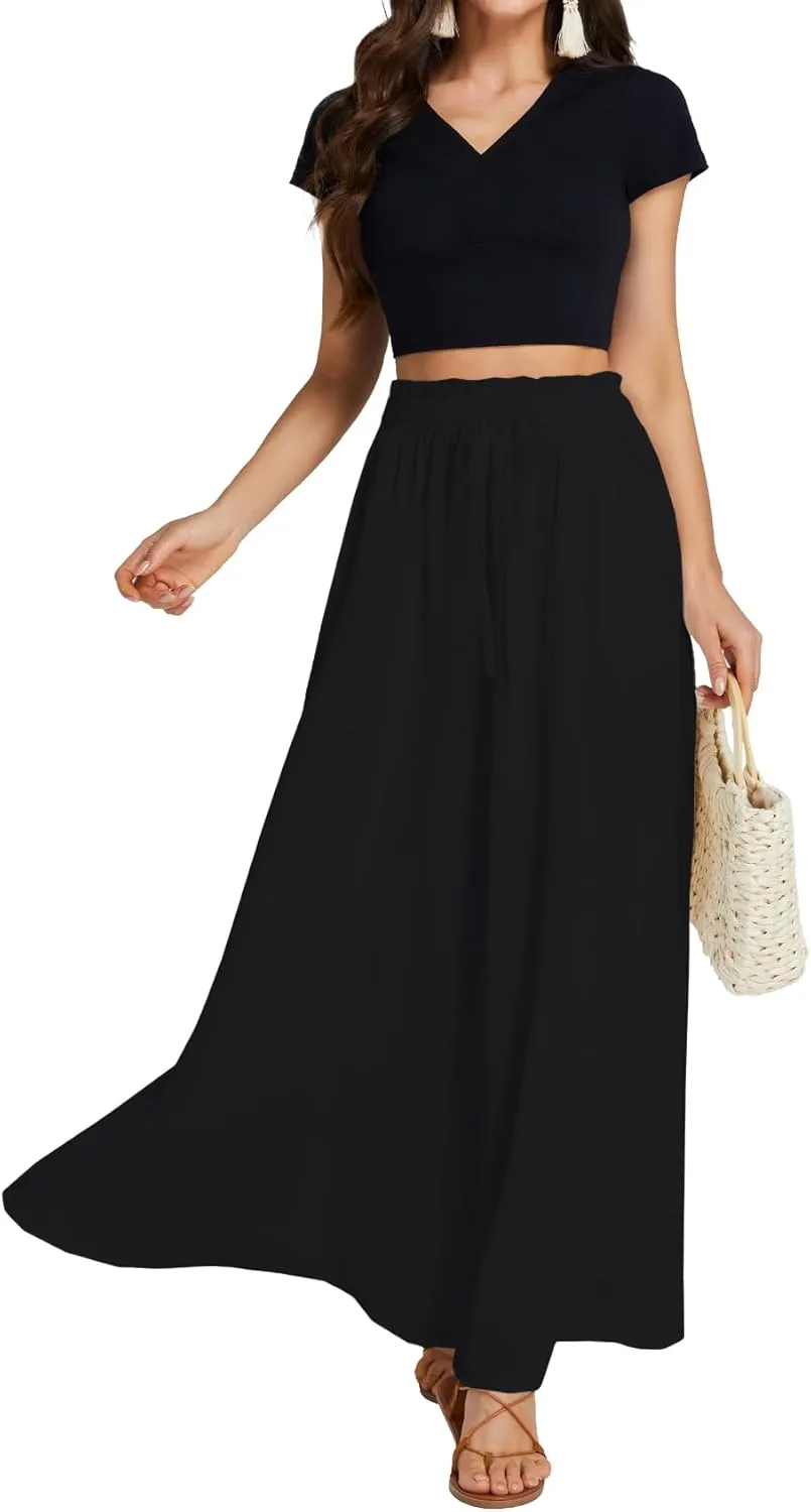 LYANER Women's Shirred Smocked Frill Drawstring Pleated High Waist Solid Maxi Skirt