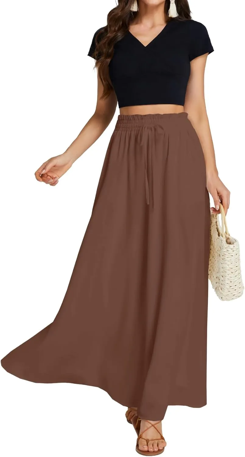 LYANER Women's Shirred Smocked Frill Drawstring Pleated High Waist Solid Maxi Skirt