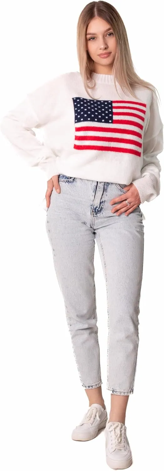Madore White Soft Oversized American Flag Sweater Women 4th of July 2024 USA Outfits Plus Fourth