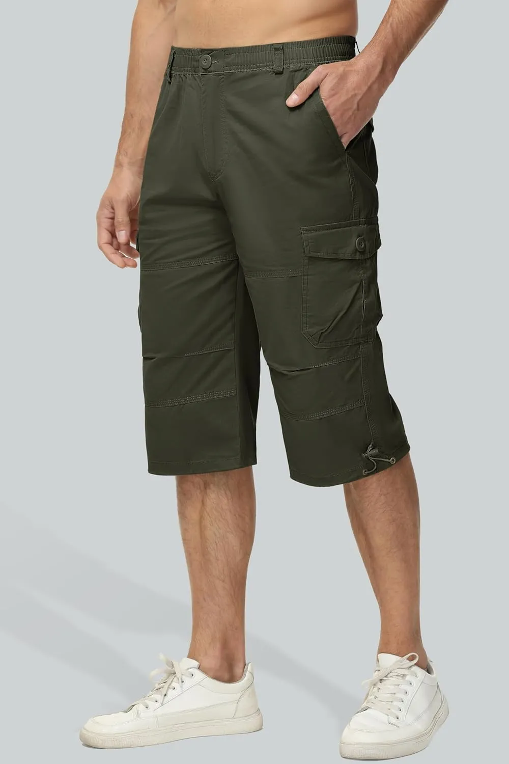MAGCOMSEN Mens Cargo Shorts Long Capri Elastic Below The Knee 3/4 Cotton Casual Summer Shorts with Pockets