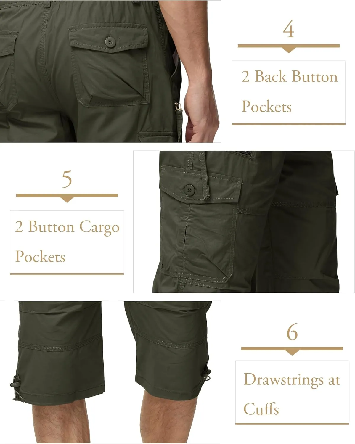 MAGCOMSEN Mens Cargo Shorts Long Capri Elastic Below The Knee 3/4 Cotton Casual Summer Shorts with Pockets