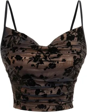 MakeMeChic Women's Floral Mesh Sheer Ruched Camisole Draped Spaghetti Strap Vintage Crop Top