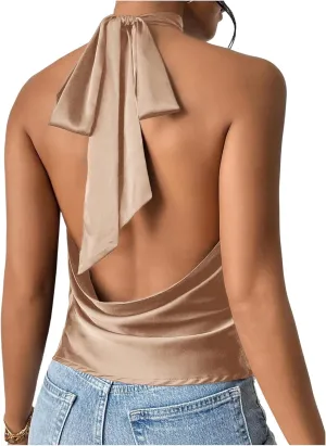 MakeMeChic Women's Halter Tops Satin Silk Backless Sleeveless Summer Camisole Going Out Top