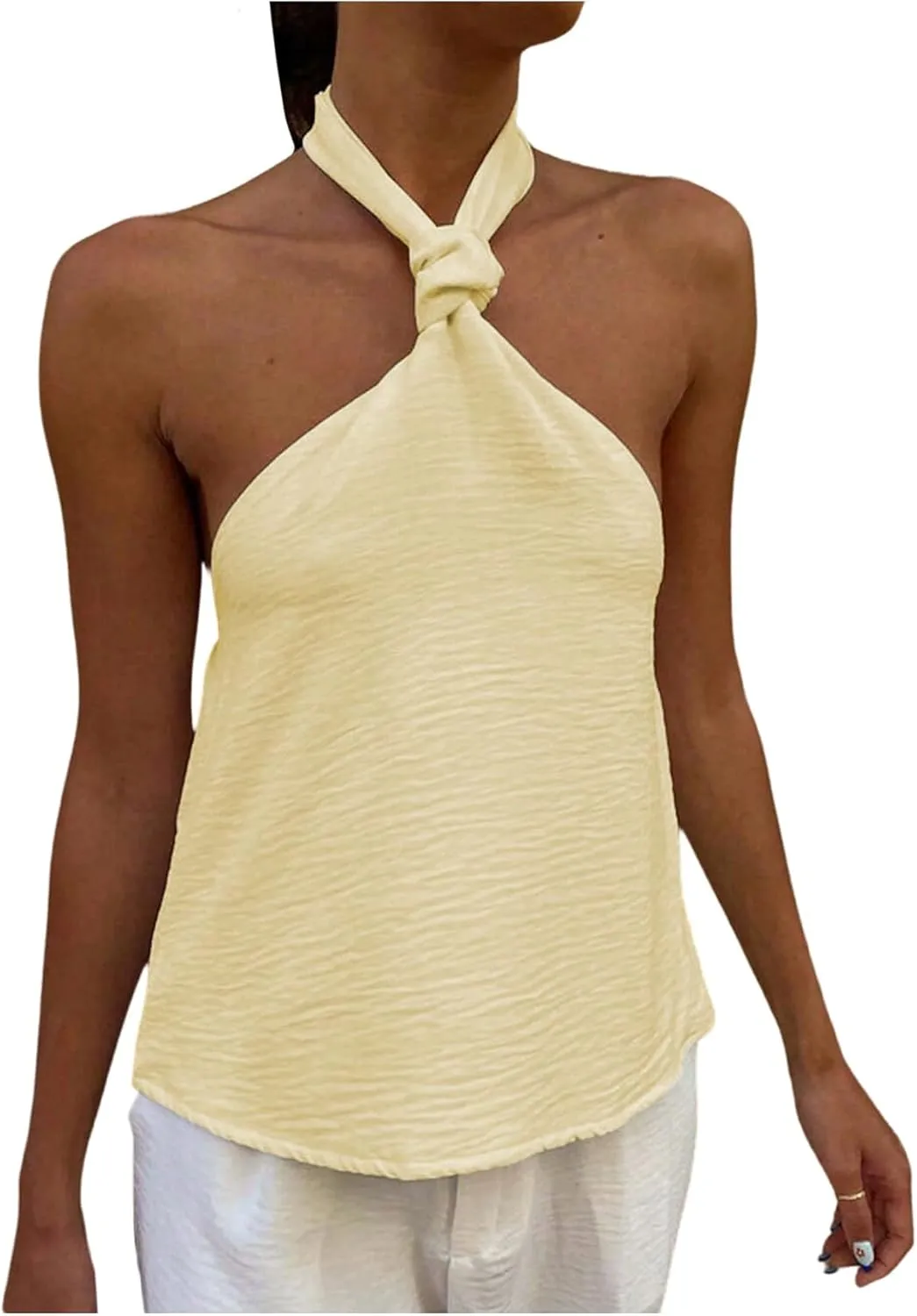 MakeMeChic Women's Textured Sleeveless Tie Backless Slim Fitted Halter Top Summer Shirt