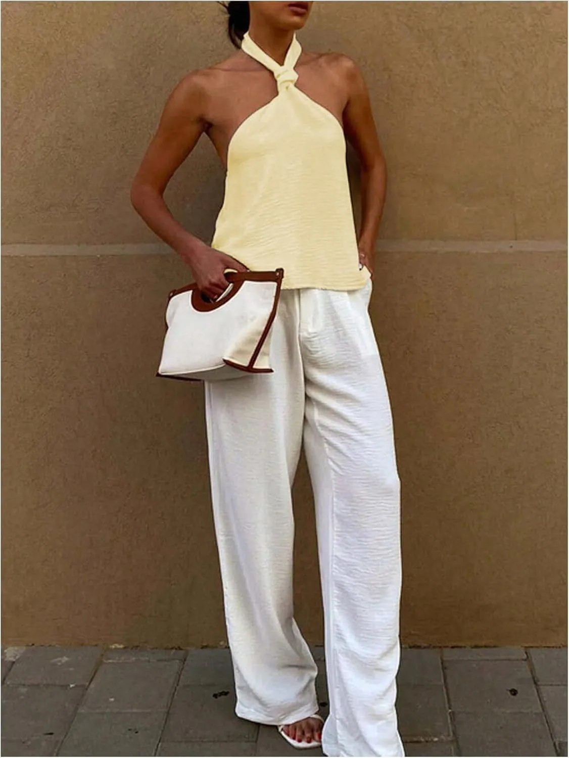 MakeMeChic Women's Textured Sleeveless Tie Backless Slim Fitted Halter Top Summer Shirt