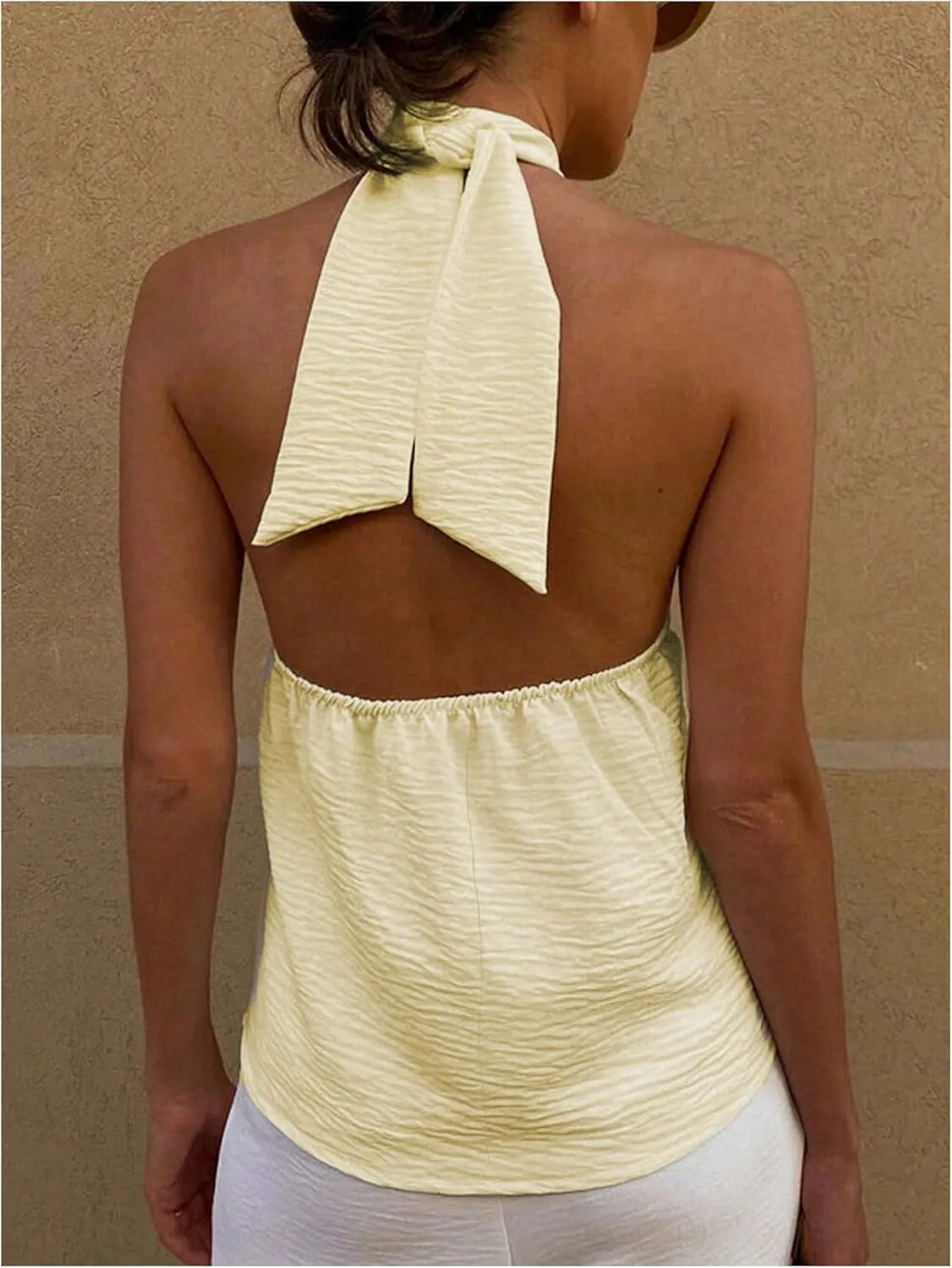 MakeMeChic Women's Textured Sleeveless Tie Backless Slim Fitted Halter Top Summer Shirt