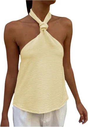 MakeMeChic Women's Textured Sleeveless Tie Backless Slim Fitted Halter Top Summer Shirt