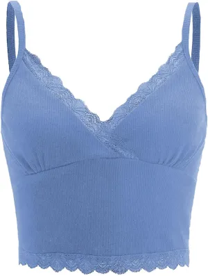 MakeMeChic Women's Y2K Lace Trim V Neck Sleeveless Cami Crop Top Camisole