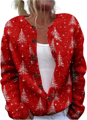 MARSVOVO Christmas Cardigan for Women Crew Neck Open Front Button Down Knit Coat Ugly Christmas Sweater Women