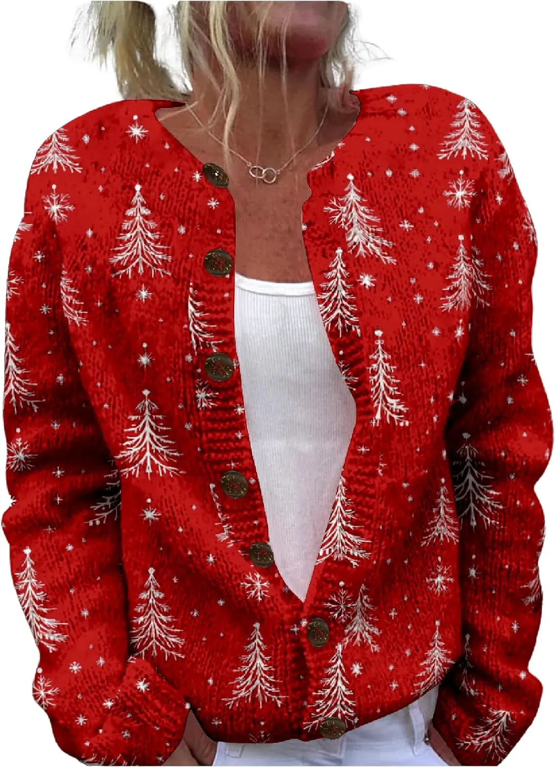 MARSVOVO Christmas Cardigan for Women Crew Neck Open Front Button Down Knit Coat Ugly Christmas Sweater Women