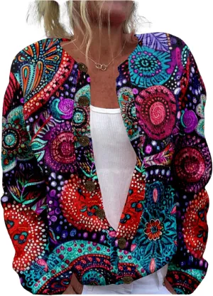 MARSVOVO Women Vintage Polka Dot and Paisley Pattern Button Down Crew Neck Open Cardigans Novelty Fall Sweater Tops
