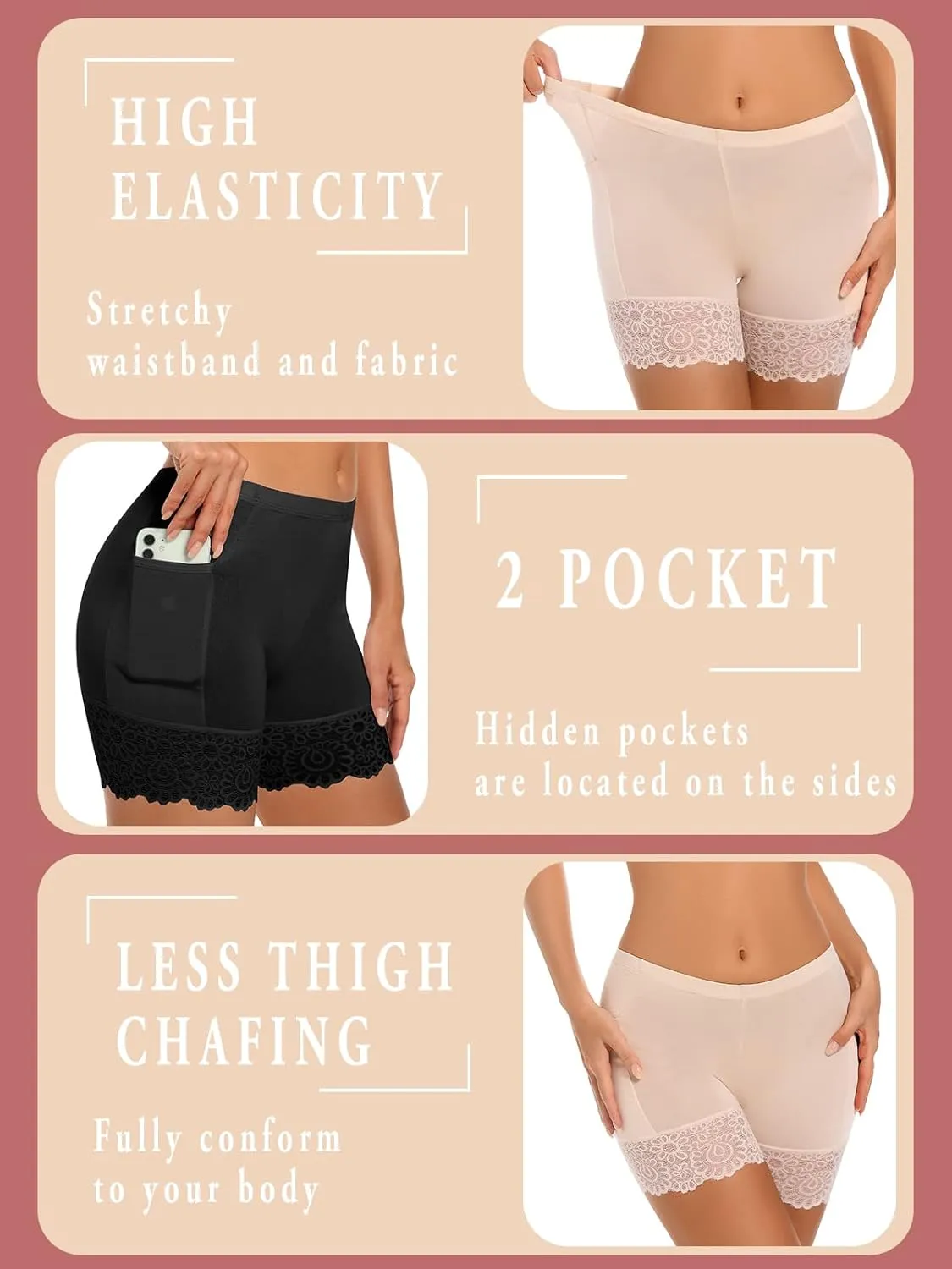 materasu 2pc Seamless Slip Shorts for Under Dresses Women Anti Chafing Underwear Boyshorts Panties Lace Under Shorts