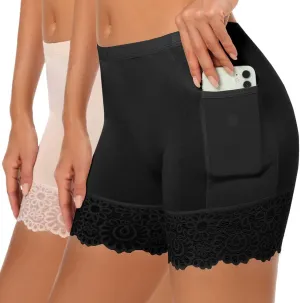 materasu 2pc Seamless Slip Shorts for Under Dresses Women Anti Chafing Underwear Boyshorts Panties Lace Under Shorts