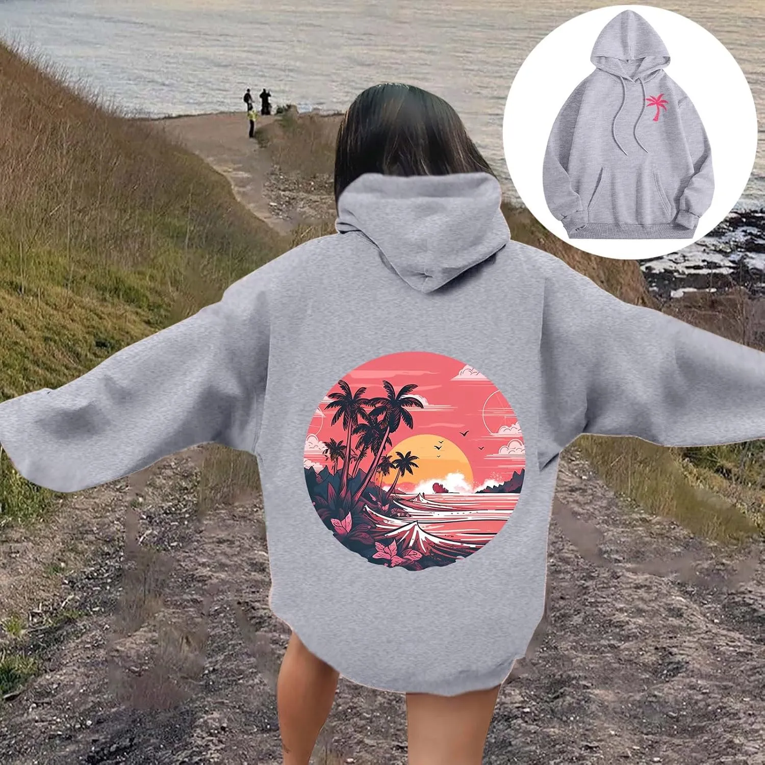 Meet Me at The Ocean Graphic Hoodie For Women Long Sleeve Preppy Sweatshirts Oversized Pullover Hoodies for Teen Girls
