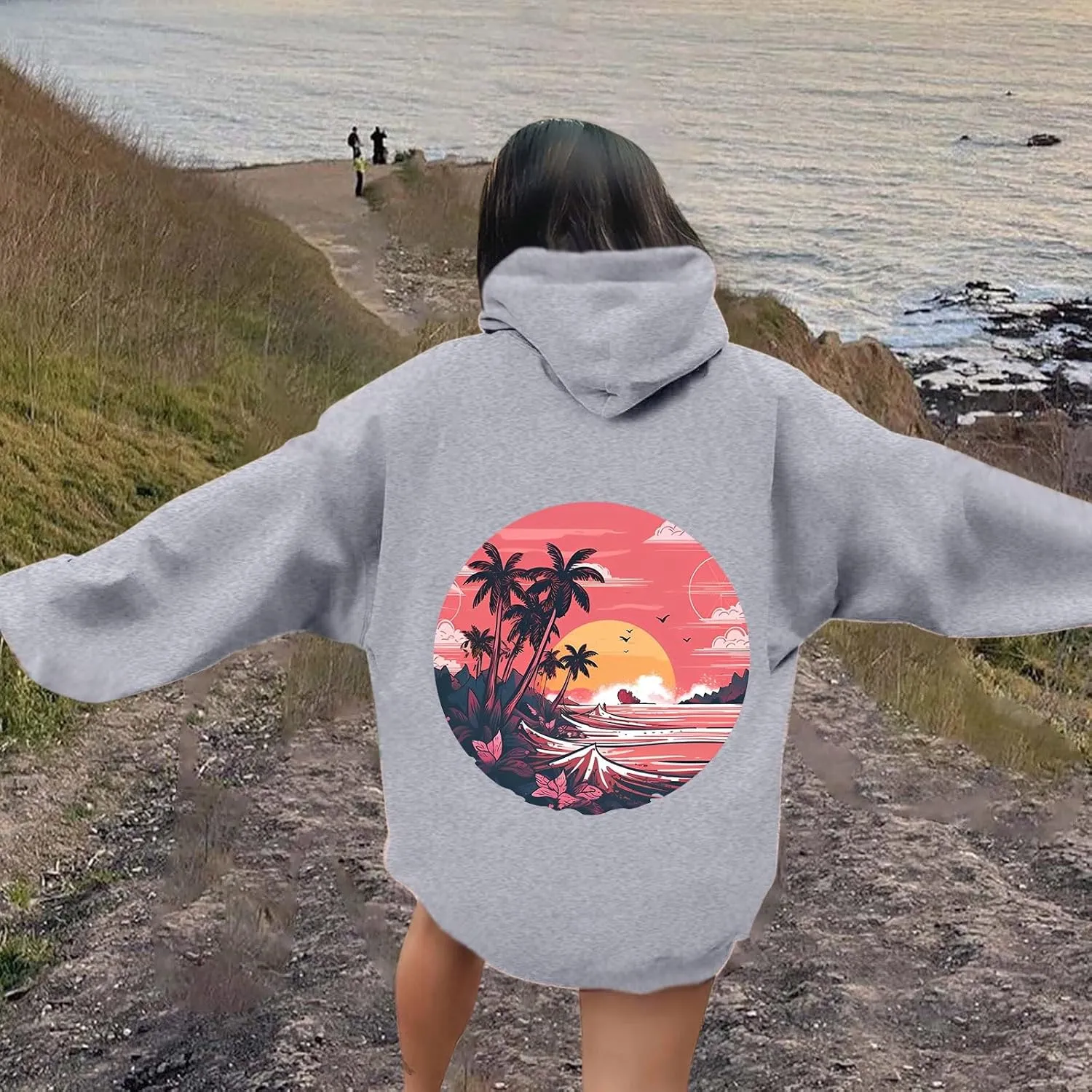 Meet Me at The Ocean Graphic Hoodie For Women Long Sleeve Preppy Sweatshirts Oversized Pullover Hoodies for Teen Girls