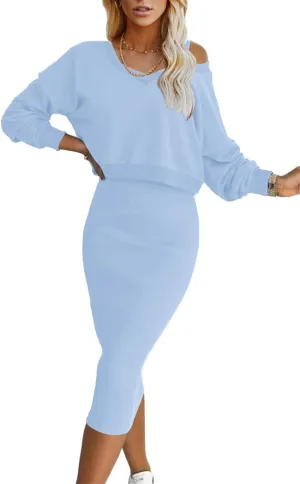 Melliflo Women's Fall 2 Piece Sweater Set Long Sleeve V Neck Top Maxi Bodycon Skirt Casual Outfits Dress