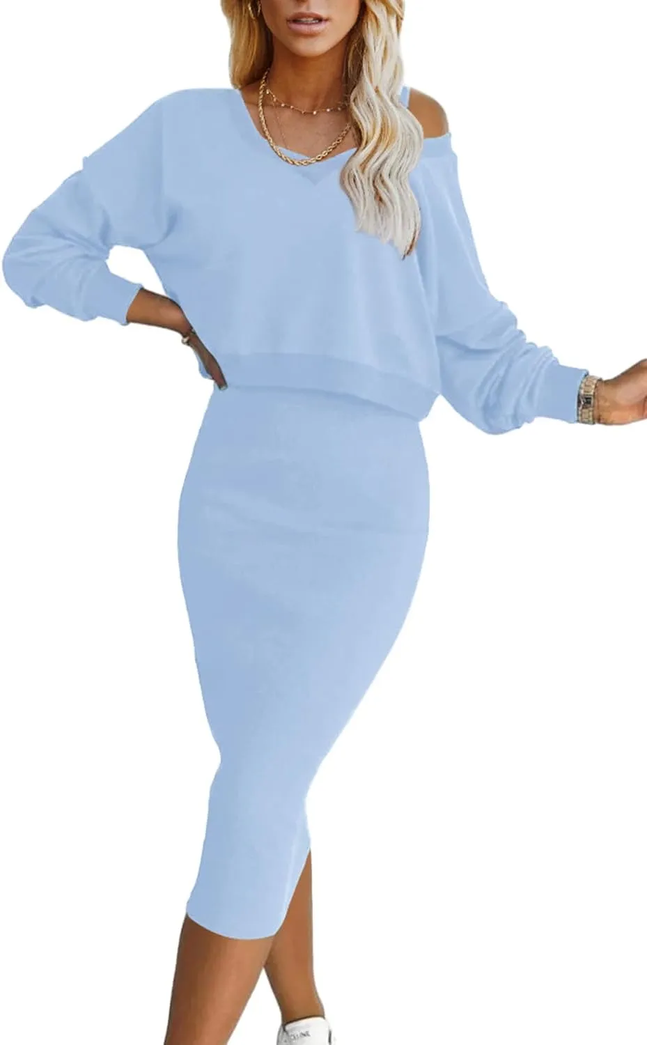 Melliflo Women's Fall 2 Piece Sweater Set Long Sleeve V Neck Top Maxi Bodycon Skirt Casual Outfits Dress