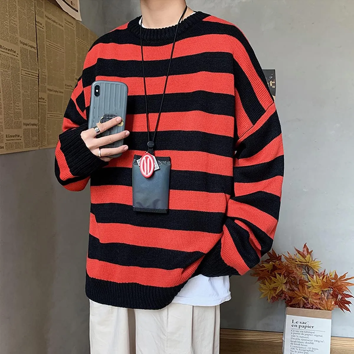 Men Casual Long Sleeve Striped Sweaters Oversized Knit Pullover Autumn Winter Fashion Sweater Jumpers Tops
