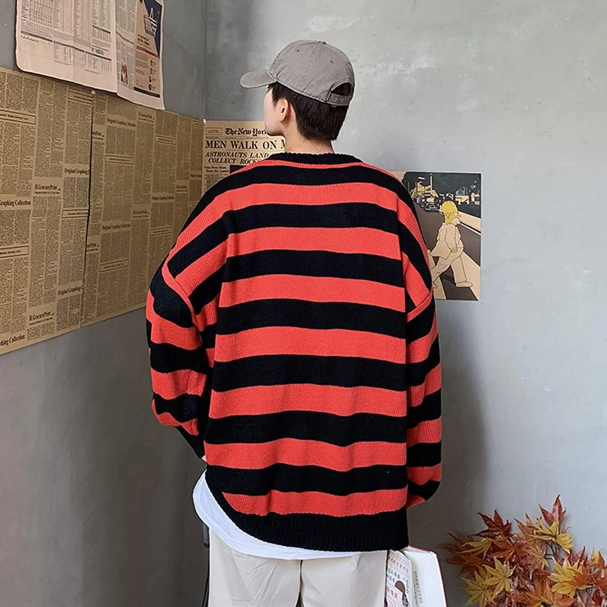 Men Casual Long Sleeve Striped Sweaters Oversized Knit Pullover Autumn Winter Fashion Sweater Jumpers Tops