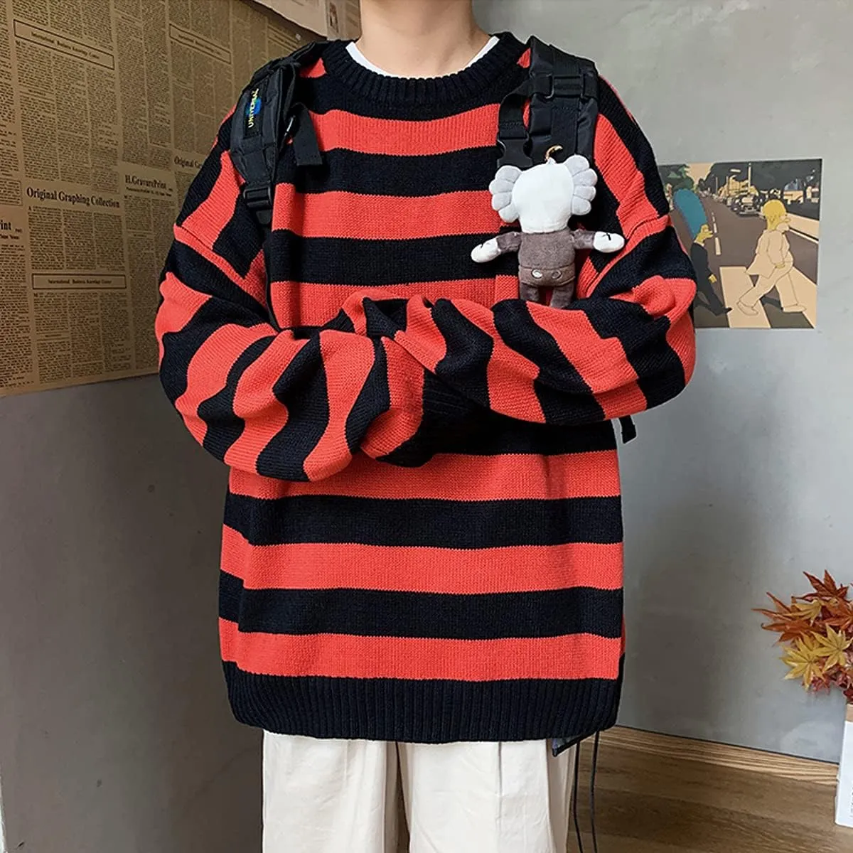 Men Casual Long Sleeve Striped Sweaters Oversized Knit Pullover Autumn Winter Fashion Sweater Jumpers Tops
