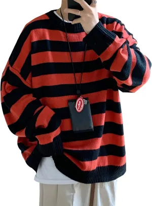 Men Casual Long Sleeve Striped Sweaters Oversized Knit Pullover Autumn Winter Fashion Sweater Jumpers Tops