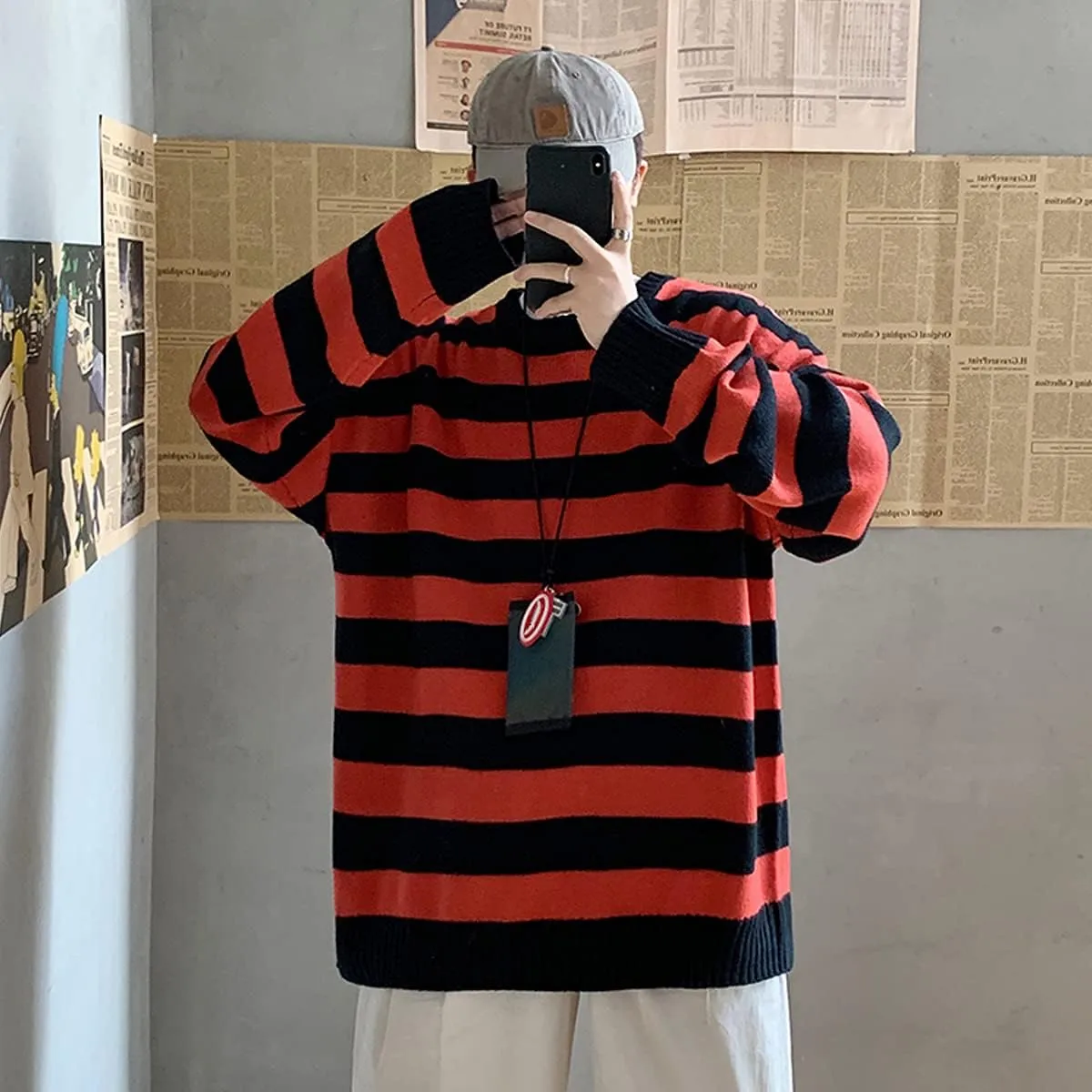 Men Casual Long Sleeve Striped Sweaters Oversized Knit Pullover Autumn Winter Fashion Sweater Jumpers Tops