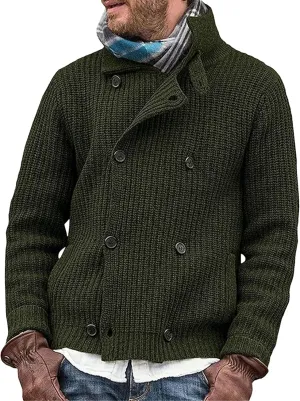 Men Lapel Double Breasted Cardigan Sweater Shawl Collar Cardigan with Pockets Slim Fit Knitwear Cardigan Sweater