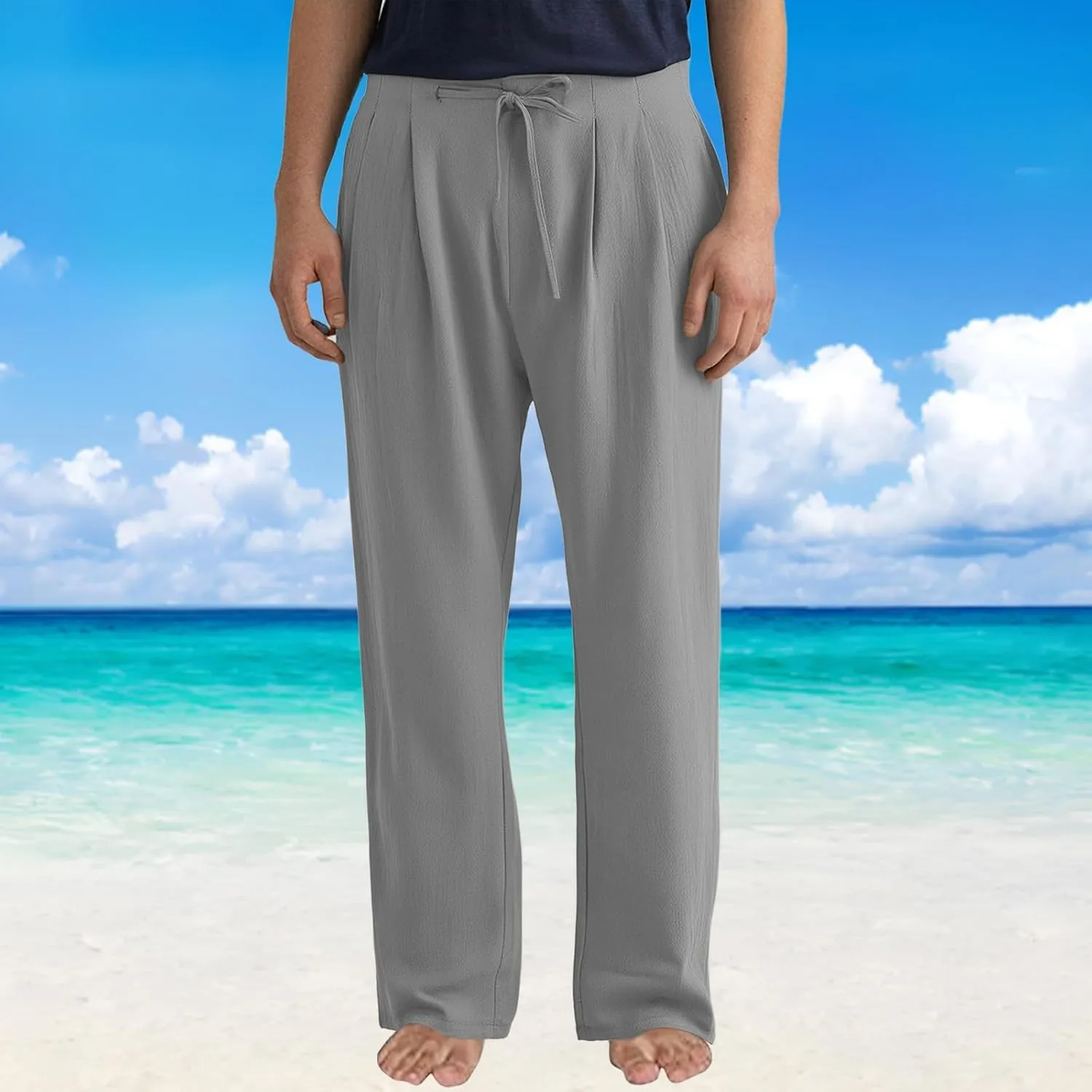 Men Linen Pants Plain Plus Size Flat Front Pants Lightweight Drawstring Waist Vacation Slacks Summer Casual Trousers