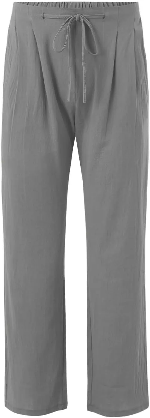 Men Linen Pants Plain Plus Size Flat Front Pants Lightweight Drawstring Waist Vacation Slacks Summer Casual Trousers