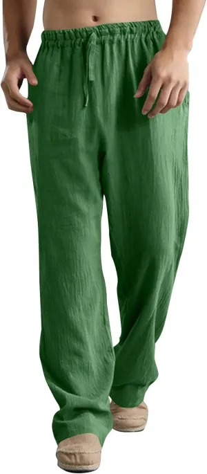 Men Linen Pants Plus Size Solid Beach Vacation Pants Drawstring Waist Lightweight Loose Slacks Summer Casual Trousers